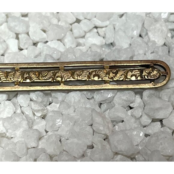 Antique Victorian Gold-Tone Bar Baguette Pin Brooch Intricate Floral Design - Picture 2 of 7